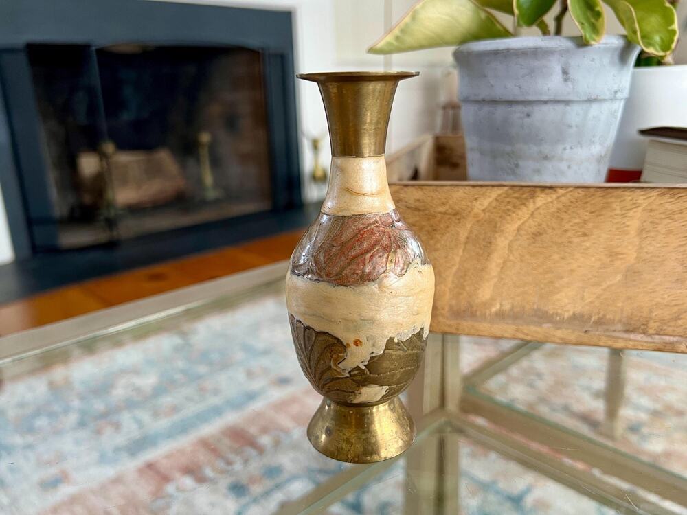 Vintage Designer Etched Floral Brass Vase, Beige Enamel, Bud Vase, Artwork